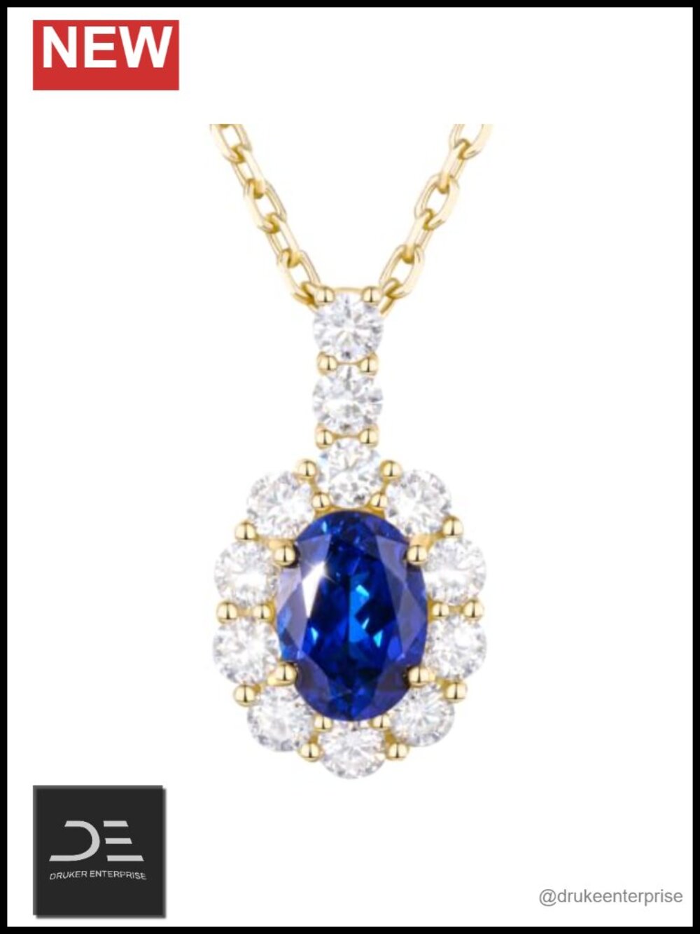 Moissanite Halo Necklace, Lab Grown Blue Sapphire, 925 Sterling Silver Pendant